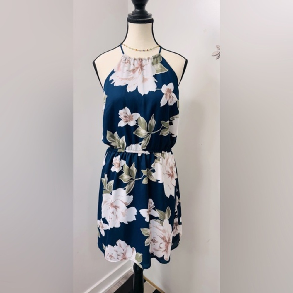 Dynamite Floral Halter Neck Dress Navy and White Sleeveless Elastic Waist M